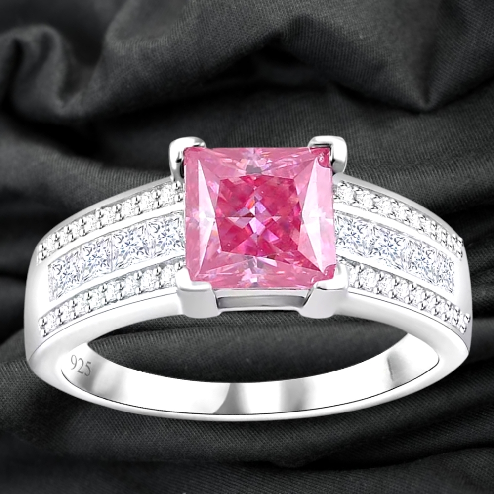 NWT PINK & WHITE MOISSANITE DIAMOND RING IN PLATINUM OVER STERLING SILVER SZ 10